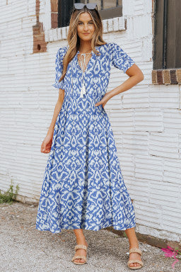 V Neck Casual Geometric Print Maxi Dress