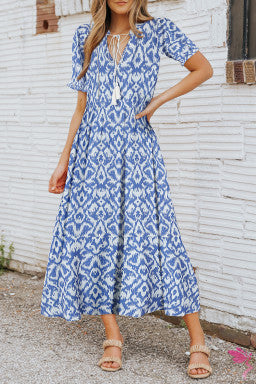 V Neck Casual Geometric Print Maxi Dress