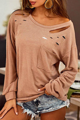 Khaki Distressed Cutout Long Sleeve Casual Top