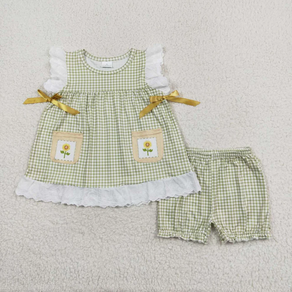 girls sunflower green gingham outfit