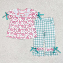 Girls Pumpkin Bows Tunic Top Checkered Pants Clothes Sets