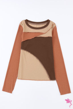 Brown Expose Seam Color Block Ribbed Knit Top