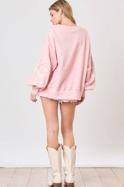 Light Pink Flower Pattern Drop Shoulder Loose Sweatshirt)