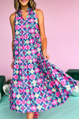 Floral Print Frilly Neck Sleeveless Tiered Maxi Dress