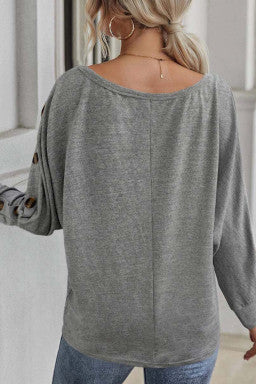 Gray Solid Color Button Decor Dolman Sleeve Top)