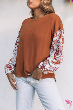 Orange Paisley Contrast Bubble Sleeve Ribbed Top