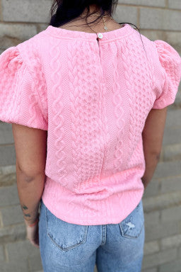 Pink Textured Puff Sleeve T Shirt