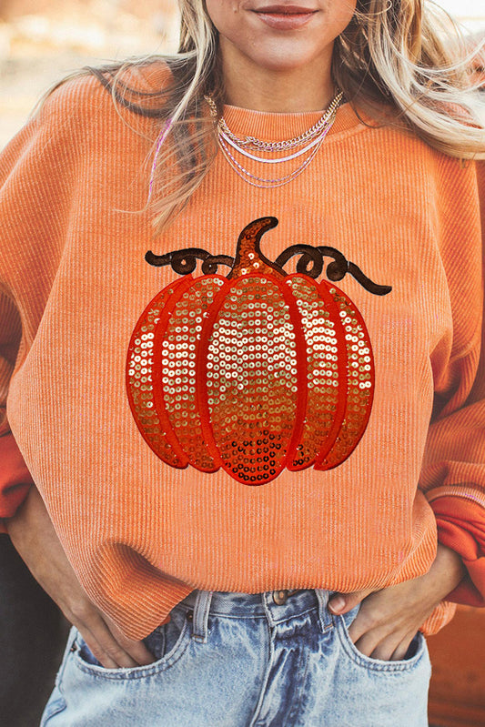 Orange Crinkle Ribbed Halloween Sequin Pumpkin Graphic Sweatshirt