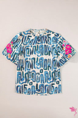 Sky Blue Stripe Plus Size Abstract Print Floral Embroidered Puff Sleeve Blouse