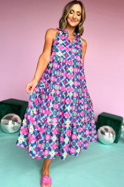 Floral Print Frilly Neck Sleeveless Tiered Maxi Dress