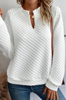 Split Neck Quilted Long Sleeve Top