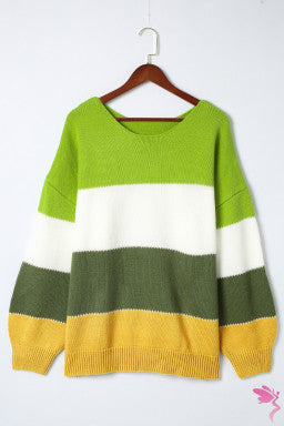 Green Plus Size Color Block Patchwork Sweater