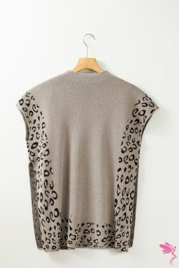 Smoke Gray Leopard Trim High Neck Short Sleeve Loose Sweater