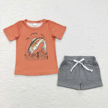 Boys Orange Fishing Tee Shirts Grey Shorts Summer Clothes Sets