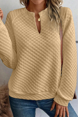 Split Neck Quilted Long Sleeve Top