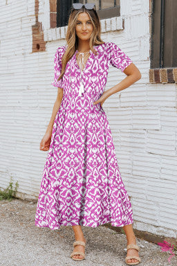 V Neck Casual Geometric Print Maxi Dress