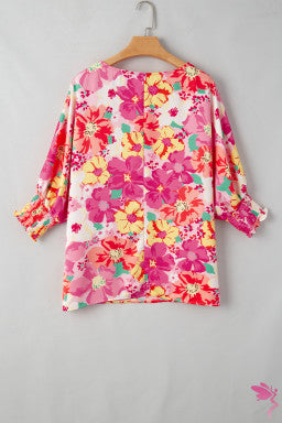 Pink Shirred Cuffs 3/4 Sleeve Floral Blouse