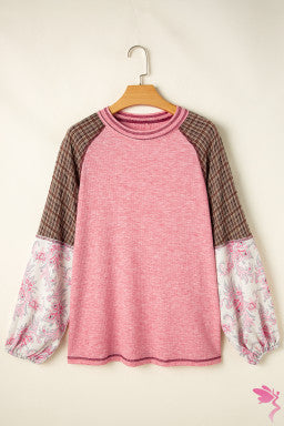 Fushia Mixed Print Patchwork Raglan Ribbed Knit Top