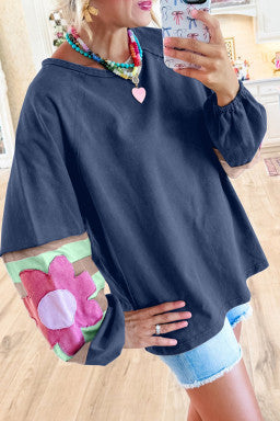 Flower Patchwork Raglan Sleeve Exposed Seam Oversized Top