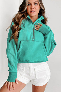 Fleece Lined Zip Up Stand Collar Thumbhole Sleeve Sweatshirt