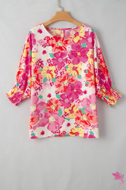 Pink Shirred Cuffs 3/4 Sleeve Floral Blouse