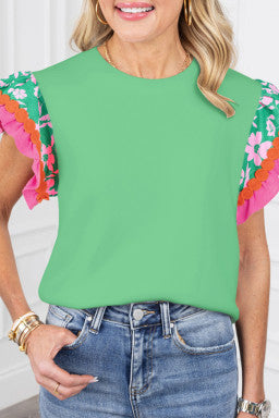 Contrast Ricrac Floral Sleeve Top