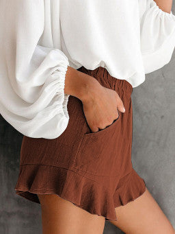 High Waist Pocketed Ruffle Shorts