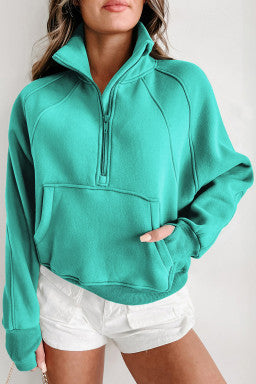 Fleece Lined Zip Up Stand Collar Thumbhole Sleeve Sweatshirt