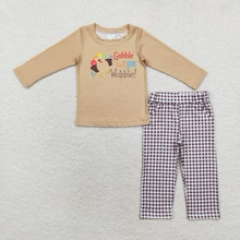 Boys Thanksgiving Gobble Tee Checkered Pants Clothes Sets