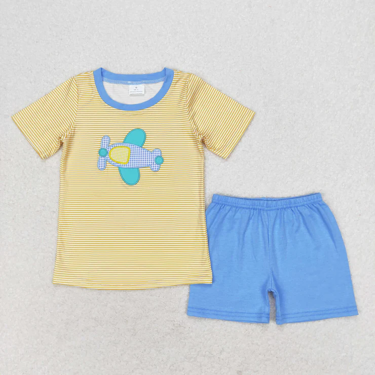 Embroidery boy summer shorts set toddler summer outfit Plane