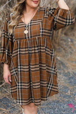 Brown Printed Plaid V Neck Plus Size Babydoll Dress