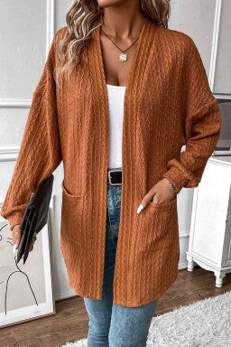 Chestnut Textured Knit Side Pockets Open Front Cardigan)