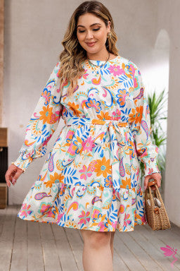 Orange Paisley Floral Print Belted Plus Size Dress