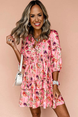 Pink Abstract Print Frilled Smocked High Waist Mini Dress