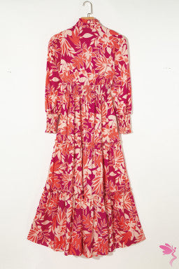 Rose Floral Print Buttoned Smocked High Waist Maxi Dress