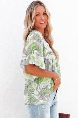 Green Multicolor Paisley Print Wide Sleeves Loose Blouse