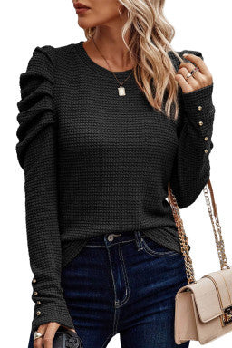 Solid Color Textured Buttoned Gigot Sleeve Top