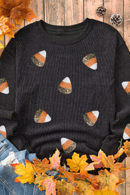 Candy Corn  Sequin Print Corded Crewneck Graphic Sweatshirt