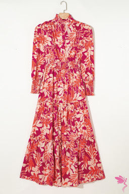 Rose Floral Print Buttoned Smocked High Waist Maxi Dress