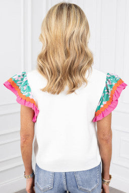 Contrast Ricrac Floral Sleeve Top