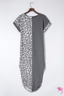 Gray Contrast Solid Leopard Short Sleeve T-shirt Dress with Slits