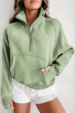 Fleece Lined Zip Up Stand Collar Thumbhole Sleeve Sweatshirt