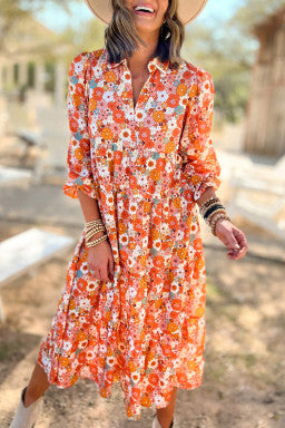 Yellow Boho Floral Collared Long Sleeve Ruffled Dress