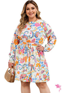 Orange Paisley Floral Print Belted Plus Size Dress