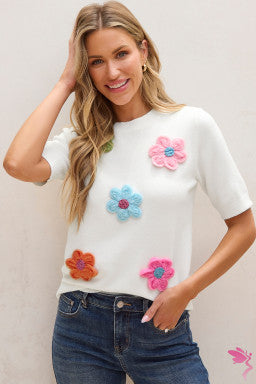 Cute Flower Applique Short Sleeve Sweater