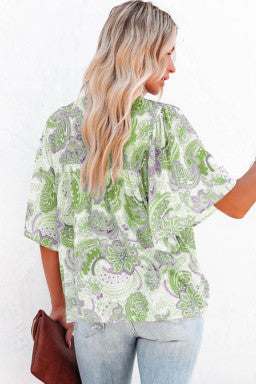 Green Multicolor Paisley Print Wide Sleeves Loose Blouse