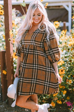 Brown Plaid Pattern Empire Waist Babydoll Dress