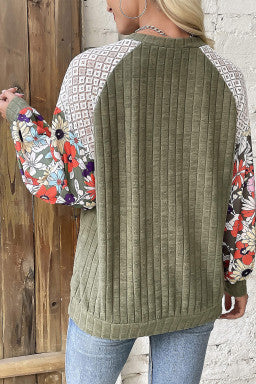 Floral Patchwork Long Sleeve Ribbed Blouse