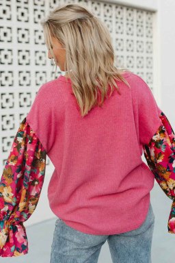 Sachet Pink Flower Patchwork Ruffled Sleeve Ribbed Knit Drop Shoulder Top