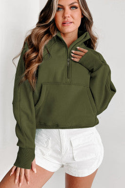 Fleece Lined Zip Up Stand Collar Thumbhole Sleeve Sweatshirt